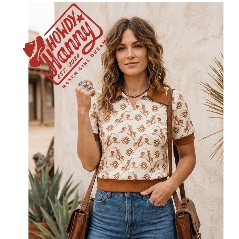 Howdy Hanny Western Rodeo Cowboy Print Polo Top Brown White XL Ranch Girl Dreams